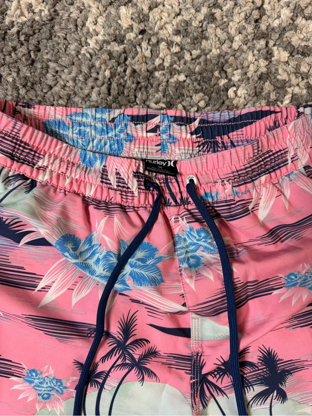 Hurley, Men’s Pink and Blue Tropical Floral Palm Tree Print Swim Shorts, Medium